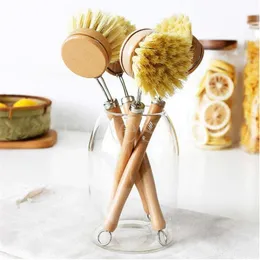 Kitchen Cleaning Brush Bamboo Long Handle Sisal Wash Pot Dishes Can Replace Head 23cm DB625