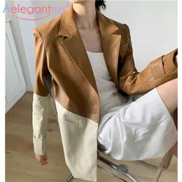 AELEGANTMIS Kobiety Brązowy Faux Leather Blazer Płaszcz Vintage Kolor Patchwork Kobiet Pu Blzer Jacket Streetwear Moda Topy 210607