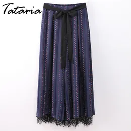 Tataria Printed Striped Wide Leg Pants Women Chiffon Slit Lace Woman Summer Trousers Womens Loose Pantalon Taille Haute 210514