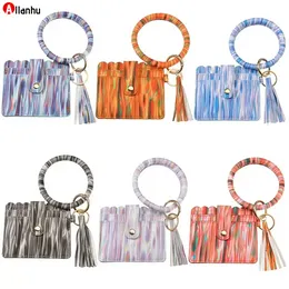 PU Leather Card Bag Keychains Party Bracelet Keychain Wallet With Tassels String Bangle Key Ring Holder Wristlet Handbag Wbfg