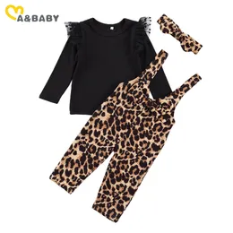 1-5Y Toddler Kid Girl Clothes Set Höst Lace Långärmad Tröjor Bow Leopard Overaller Byxor Outfits Barn 210515