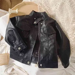 Girls Leather Jacket Autumn Children Korean Style Fashion Coat Short Stand-Up Collar Motorcycle Clothing 210625