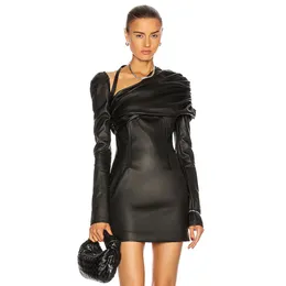 Mini czarna letnia sukienka dla kobiet Sexy z długim rękawem Draped PU Celebrity Evening Runway Club Party Strój Lady Dresses 210423