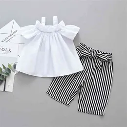 Kids Clothing Sets Sling Top + Striped Wide Leg Cropped Pants 2Pcs Suit Children Dress Costume For Girls 210528