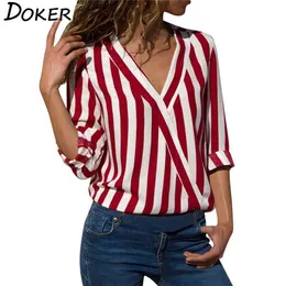 Women Striped Blouse V-neck Long Sleeve Blouses Shirts Casual Tops Work Wear Chiffon Shirt Plus Size Blusas Mujer De Moda 210603