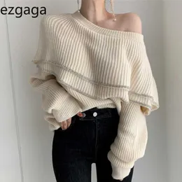 Ezgaga Elegant Dubbel Ruffles Collar Kvinnor Tröja Pullover Bright Silk Oversized Office Lady Sticka Toppar Koreanska Jumper Fashion 210430