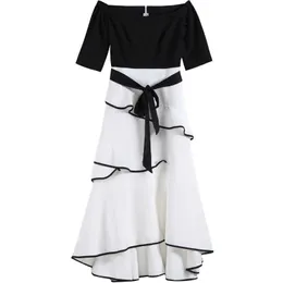Kanske du svart vit patchwork båge stropplös bort axel halv ärm cascading ruffle maxi lång klänning elegant d0537 210529