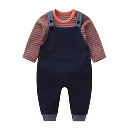 Baby Boys Kläder Sätter Sommar Toddler Bomull Stripes Romper + Suspenders Pant Infant Boutique Kläder Born Dop Outfits 210615