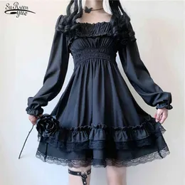 Japansk Lolita Style Princess Black Mini Dress Puff Sleeve Lace Ruffles Party Es Slash Neck Hög midja Gotiska 12991 210521
