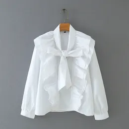 Women Cascading Ruffle V-Neck Bow Tie White Shirt Smock Femme Long Sleeve Blouse Casual Lady Loose Tops Blusas S8089 210317