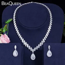 BeaQueen Classic Water Drop Stones Paved Cubic Zirconia Wedding Earrings Necklace Bridal Jewelry Sets Costume Jewellery JS023 H1022