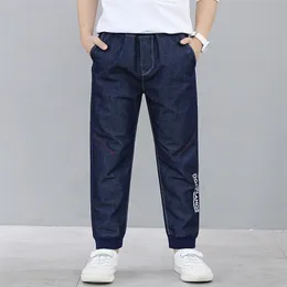 Pojkar jeans höst barn kläder tonåring solid färg byxor blå denim byxor för stor pojke casual lös byxa 7-16y 210622