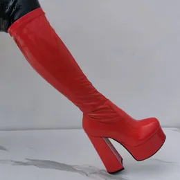 Rontic Stivali al ginocchio con plateau da donna fatti a mano Cerniera laterale flessibile Tacchi spessi Punta tonda Nero Rosso Bianco Scarpe da festa Taglia USA 5-15