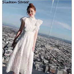 Женщина сетки платье белый кружевной вышивка высокая талия осень левшая рукава сама женская для партии Vestidos 210603