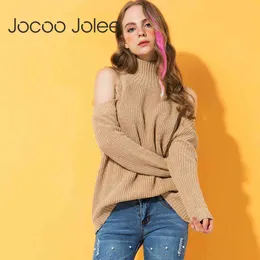 Joco jolee vintage tröja turtleneck sexig kall axel stickad tröja höst vinter retro pullovers överdimensionerade jumpers 210518