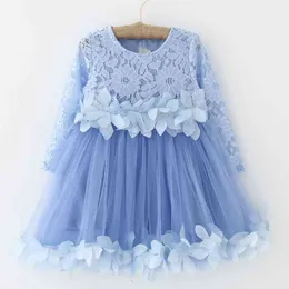 Girls Dress Summer Children Lace Print Long Sleeves Splicing Princesses Kids Clothing Baby Clothes 3-7Y 210515