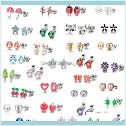 Stud Jewelrystud Luokey 30 Pairs/Set Stainless Steel Earrings For Women Tiny Small Animal Fruit Cute Children Kids Frog Bee Jewelry1 Drop De