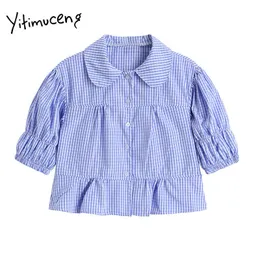 YITIMUCENG Ekose Bluz Kadın Düğme Puf Kollu Gömlek Peter Pan Yaka Düz Giysi Yaz Kore Moda Tops 210601