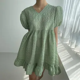 Lato Prip Moda Temperament Shopping Casual All-Match Green V-Neck Loose Puff Sleeve Mini Dress 16F1239 210510