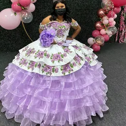Lavendel Quinceanera Kleider Ballkleid Schulterfrei Perlen Kristall Rüschen Rock Süßes 16 Kleid Vestidos De 15 Jahre