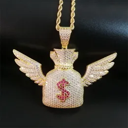 Iced Out Wings Dollar Purse Pendant Necklace With Chain New Arrival AAA Cubic Zirco Necklace For Men Fashion Hip Hop Jewelry X0509