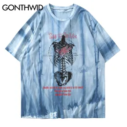 Gonthwid 두개골 인쇄 넥타이 염료 펑크 록 고딕 TShrits Streetwear 힙합 캐주얼 짧은 소매 티셔츠 여름 패션 탑 210706