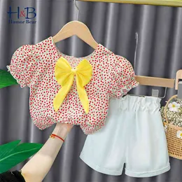 Dziewczyna Ustawia Set Summer Puff-Sleeve Bowknot Kwiatowy Drukowane Top + Szorty 2 Sztuk Cute Toddler Kids 210611