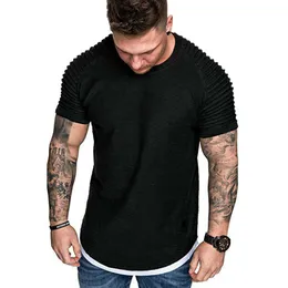 Heta T-shirts Pläterad skrynklig smal passform O Neck Kortärmad Muskel Solid Casual Toppar Sommar Grundläggande Tee Ny Y0809