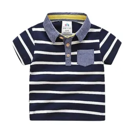 Rahat 90 cm 2 Yıl 18 M 24 M Bebek Çocuk Pamuk Kısa Kollu Turn-down Yaka Şerit Baskı Cep Çocuklar Genç Boy T-Shirt 210625