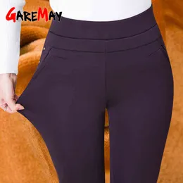 Mulheres Calças Alto Cintura Elasticidade Calça Casual Inverno Plus Veludo Quente Tamanho Middle-Envel Feminino 210428