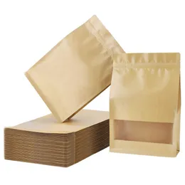 Kraft Stand Up Zipper Bags Resealable Storage Package Bag With Window For Storing Food Nuts Beans Coffee Candy LX4422