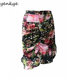 Multicolor Print Hem Ruffle Fishtail Skirt Fashion Women Back Zipper High Waist Asymmetric Draped Summer Sexy saia 210430