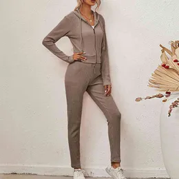 autumn two peice set for women loose solid color long-sleeved casual pants sets Long sleeve hooded zipper slim fit suit 210514