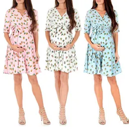 Sommar V-hals klänning moderskapsklänningar för korta ärm klänningar tryckta polka dot graviditet klänningar comfy gravida kvinnor kläder x0902