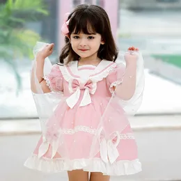 Dzieci Hiszpańskie Dresses Dzieci Lolita Princess Odzież Dla Dziewczyny Infant Urodziny Przyjęcie Bow Koronki Dress Baby Girls Boutique Frocks 210615