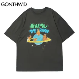 Gonthwid Tees Erkek Gezegen Tavşan Baskı Streetwear Hip Hop Harajuku Rahat Tişörtleri Erkek Moda Yaz Kısa Kollu Pamuk Tops 210726