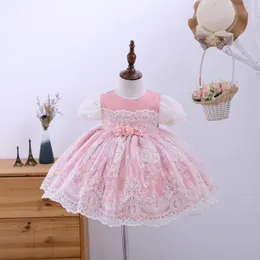 幼児の女の子スペイン語ロリータプリンセスドレスのための赤ちゃんの女の子の誕生日洗礼ピンクのボールガウン子供ブティック服210615
