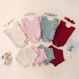 2021 New Summer Kids Girls Clothing Set Sleeveless Ruffed Lace Romper+Ruffed Short+Bow Headbands 3Pcs/Set Boutique Toddler Clothes 625 Y2
