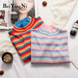 Beiyingni Wiosna Jesień Z Długim Rękawem Dzianiny Sweter Kobiety Stripe Cute Hit Kolor Casual Pullover Tops Kobiet Podstawowy Urzzang Jumper 211018