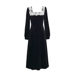 Черная косой шеи с длинным рукавом линия MIDI вечернее платье платье зима сплошные цветочные аппликации кружева бархат D3020 210514