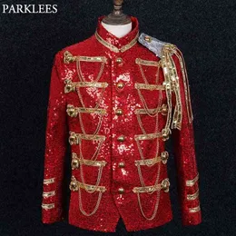 メンズレッドスパンコール装飾ミリタリードラマージャケットパンクゴシックスチームパンクジャケット男性パーティーシンガーショーPROM Costume Homme 210522