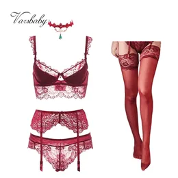 Varsbaby sexy lace push up bra sets bra+panties+garter+stockings+necklace Christmas 5 Pcs/Lots 211104