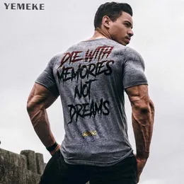 YEMEKE Men Short Sleeve Cotton t-shirt Summer Casual Fashion Gyms Fitness Bodybuilding T shirt Male Slim Tees Tops Clothing 210629
