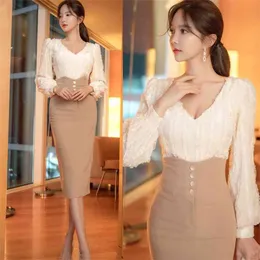 Zimowy garnitur 2-częściowy Korea Ladies White Long Sleeve Lace Tops i Midi Bodycon Spódnica dla kobiet Odzież 210602