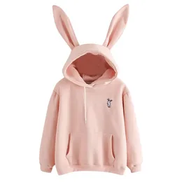 QRWR Höst Vinter Kvinnor Hoodies Kawaii Kanin Öron Mode Hoody Casual Solid Färg Varm Sweatshirt för 210910