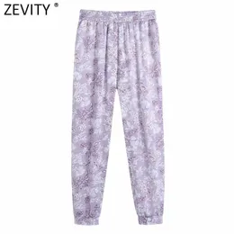 Zevity Mujeres Tropical Estampado Floral Púrpura Harem Pantalones Mujer Chic Cintura Elástica Casual Delgado Tobillo Longitud Pantalones Mujer P1026 210603