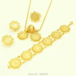 Newest Ethiopian Coin Jewelry Sets 24K Gold Color Pendant/Necklace/Earrings/Ring/Bracelet Women Wedding Items H1022