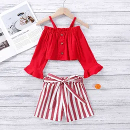 Spring Summer Long-sleeved Girls Clothes Suit One-shoulder Strap Top + Striped Shorts Children's 2-piece Set 210515