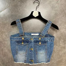 Fabpop Verão Design Sem Mangas Botões Bolsos Bolsos Vintage Azul Denim Tanque Tops Mulheres Crop Top Streetwear GB545 210709