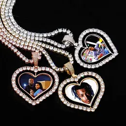 New Heart Shaped Custom Photo Spin Double Sided Medallion Pendant Necklaces Women 4mm Tennis Chain Zircon Hip Hop Jewelry